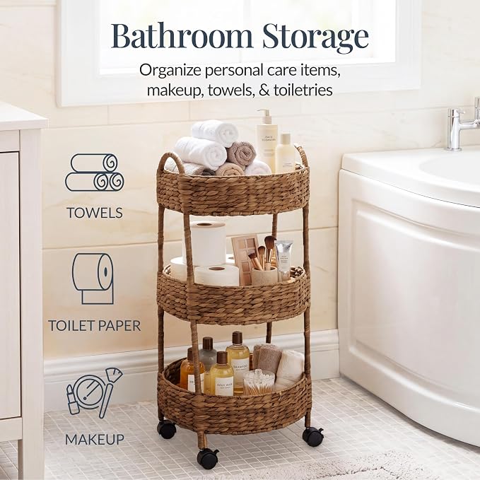 Best Choice Products 3-Tier Round Rolling Nursery Caddy w/Wheels, Handwoven Utility Cart, Storage Organization for Bathroom, Craft Room, Laundry Room - Chestnut - Image 4