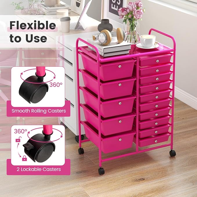 COSTWAY 15 Drawer Rolling Storage Cart, Mobile Storage Organizer | Removable Drawers & Metal Frame, Multipurpose Utility Tools Paper Organizer on Wheels for Home, Office (Hot Pink) - Image 4