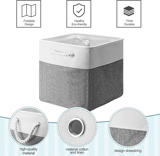 FoldTier 10 Pack Large Collapsible Fabric Storage Baskets with Handles Decorative Storage Bins for Organizing Shelves Toys Clothes(White & Gray,12 x 12 x 12 Inches) - Image 3