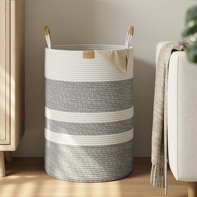Nunsino 95L Striped Laundry Hamper with Leather Handles,Large Foldable Laundry Basket for Clothes,Cotton Rope Storage Bin for Blankets,Woven Clothes Basket for Bedroom,Gray Stripes by Nunsino