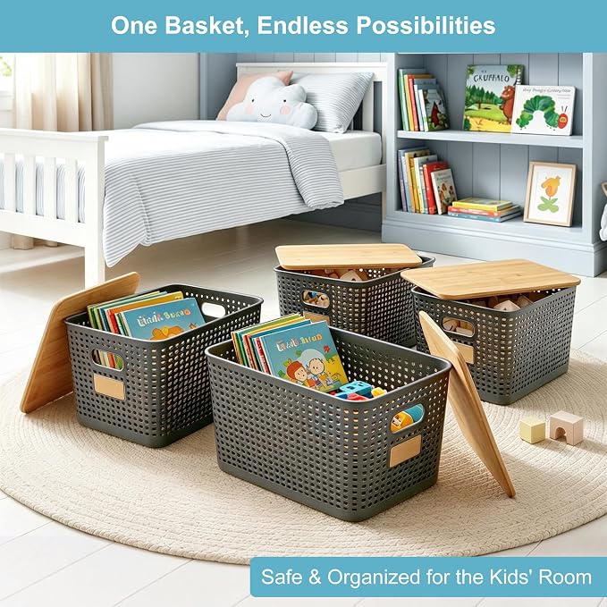 2 Pack Tall Plastic Storage Bins with Bamboo Lids, 10.8qt Stackable Storages Baskets for Organizing Desktop Closet Playroom Classroom Office, 12"L x 8.3"W x 6.1"H, Gray - Image 4