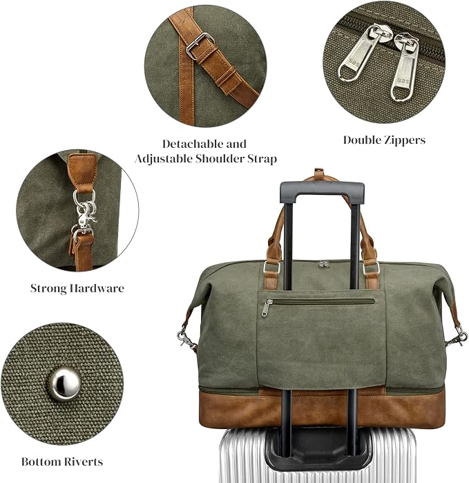 S-ZONE Weekender Bags for Women and Men Travel Duffel Bags with Shoe Compartment Overnight Carry on Duffle Tote Bag | Soft Canvas and Leather Trim, with Toiletries Bag,Carry-on Size,Trolley Sleeve,Adjustable Shoulder Strap,Shoe Compartment - Image 4