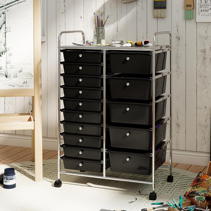 RELAX4LIFE 15-Drawer Rolling Storage Cart - Utility Cart with Metal Frame, Lockable Wheels & Removable Drawers, Multipurpose Art Craft Organizer for Home Office, Classroom (Black) - Image 2