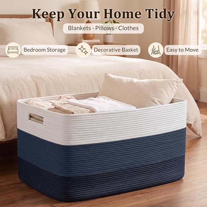 OIAHOMY 108L Extra Large Blanket Basket Dog Toy Basket Gradient Blue | Rectangle Woven Baskets for Storage Cotton Rope Basket For Living Room Toy Storage Blanket Storage Laundry Basket - Image 5