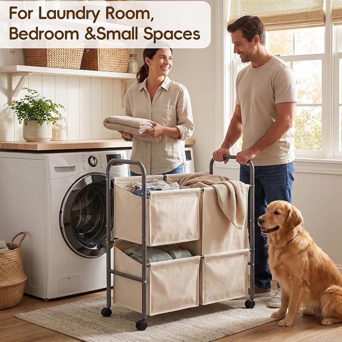 130L Laundry Hamper with Wheels, 3 Section Laundry Sorter Cart with Removable Bags, Rolling Clothes Hamper with Waterproof Lining, Sturdy Freestanding Canvas Laundry Basket for Laundry Room, Beige - Image 7