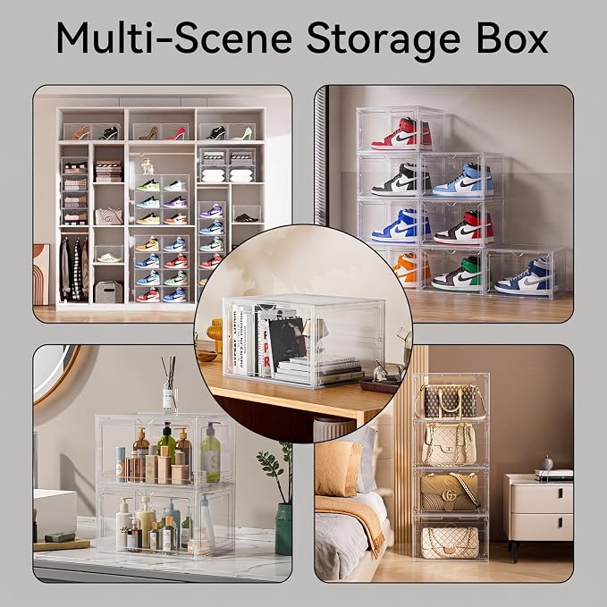 X-Large Clear Stackable Shoe Storage Box 8 Pack, Drop Side Shoe Organizers | Fits US Size 13 Sneakers Storage, Hard Plastic Shoe Containers with Magnetic Drop for Closet Storage and Sneaker Display - Image 4