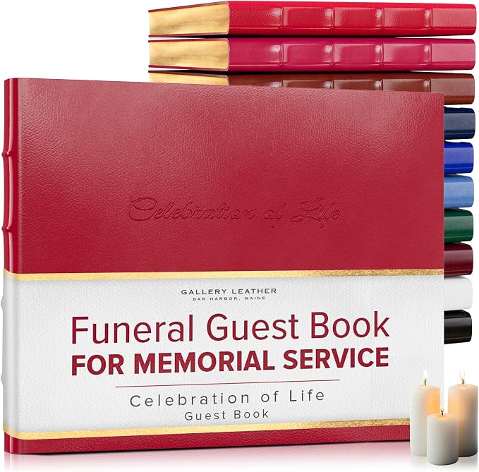 Gallery Leather Funeral Guest Book for Memorial Service and Celebration of Life with 192 Lined Pages - Hardcover, Bound Leather, Perfect for Cherished Memories - 7 x 9 - Camden Red | 192 Lined Pages - Hardcover, Bound Leather Guest Sign in Book - 7 x 9... by GalleryLeather