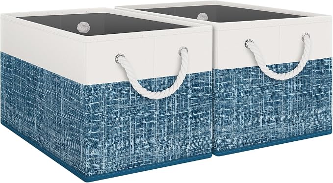 Storage Bins 2-Pack, Foldable Storage Baskets for Organizing Toys, Books, Shelves, Closet, Large Storage Box with Rope Handles, Sturdy Organizer Bins, White & Blue by Fabtotes