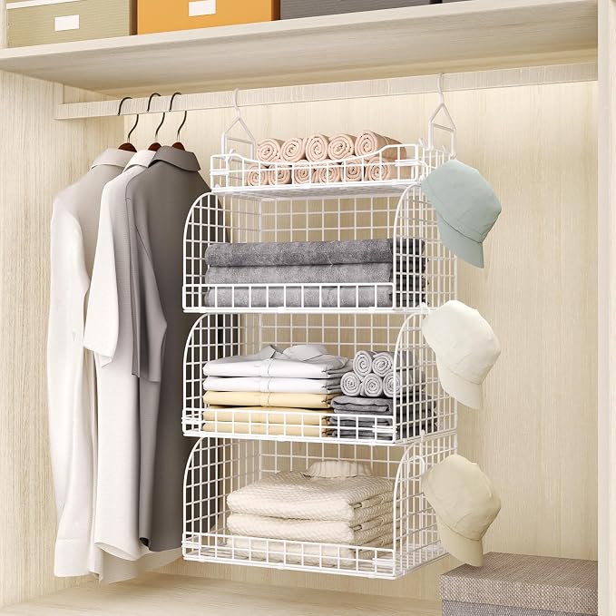 HapiRm Hanging Closet Organizer Storage - 3 Tier Metal Stackable Hanging Closet Shelves with Dividers and S Hooks, Foldable Clothes Shelves for Clothes, Pants, Shoes, Coat, Hats Clutches Accessories - Image 4