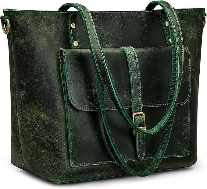 S-ZONE Women Vintage Genuine Leather Tote Bag Large Shoulder Purse Work | 14" Padded Laptop Compartment, Detachable Long Strap, Luggage Strap, Multi Pockets, Travel Everyday by S-ZONE