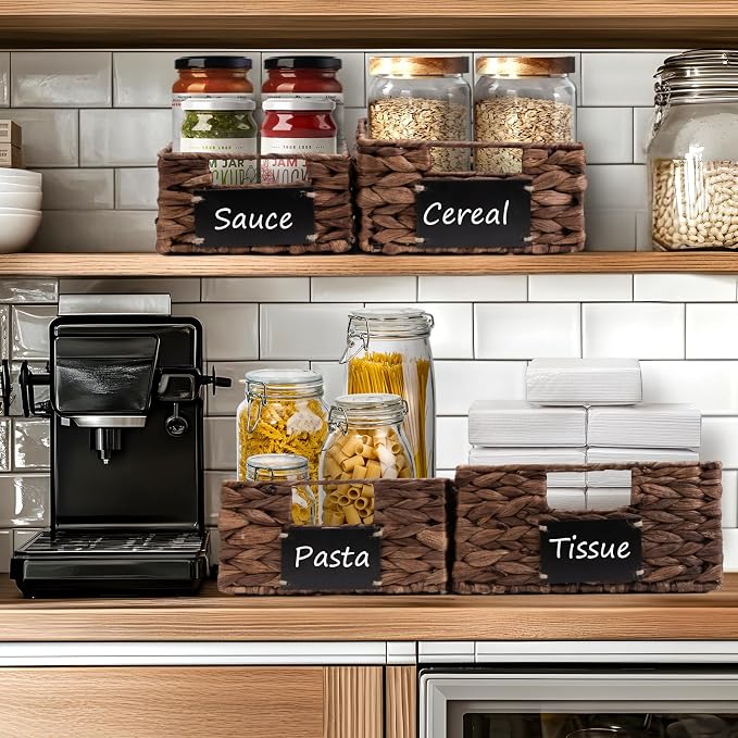 Set of 4 Sizes Hand-Woven Pantry Shelf Baskets, Hyacinth Storage Baskets with Chalkboard Labels & 2 Chalk Markers, Wicker Nestable Basket Set for Organizing Pantry Kitchen Laundry Shelves (Brown) - Image 2