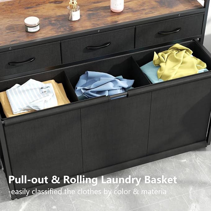 Laundry Hamper Laundry Basket with 3 Section Pull-Out Rolling Bags, Laundry Sorter for Organization and Storage with 2 Pull-Out Drawers for Laundry Room (Brown+Black, 43.31'' x 31.81'' x 12.6'') - Image 6