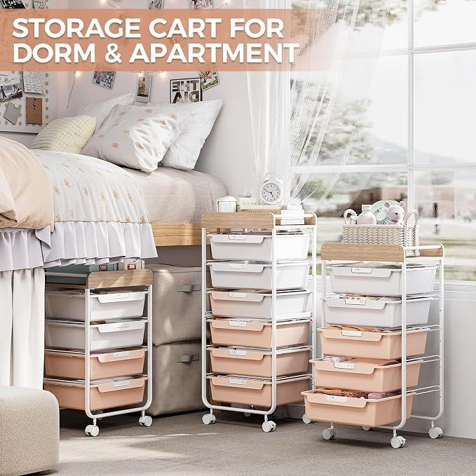 SYKIARIOL Rolling Storage Utility Cart with 4 Drawers,Art Cart,Pearl | Kids Craft Cart,Makeup Organizer and Storage with Wooden Tabletop - Image 8
