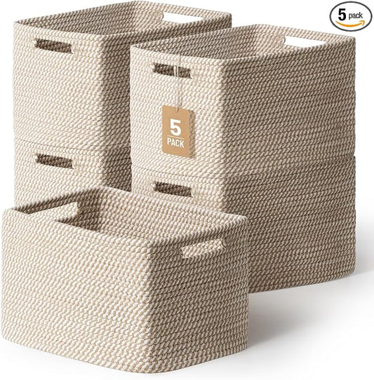5 Pack Woven Storage Baskets, Decorative Storage Bins for Organizing | 13.8'' × 9.8'' × 7.9'', Cotton Rope Basket Organizer for Closet, Shelves, bathroom, Nursery, Toys, Books, Pantry, Khaki by YILOBI