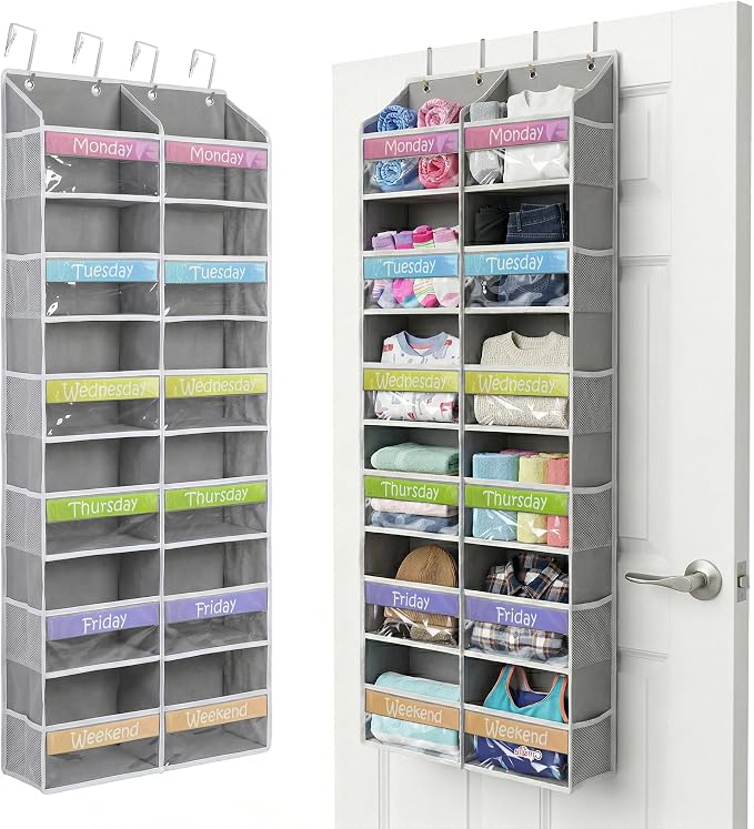 Weekly Clothes Organizer for Kids Closet Daily Outfit Storage 12 Shelf | Houseables Days of the Week Clothes Organizer, Monday through Friday Clothing, Weekday, M-F, School, Hanging, Over Door by Houseables