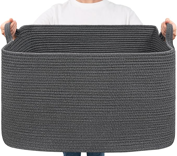 Goodpick 85L Large Woven Rope Blanket Basket, Rectangle, Dark Gray | 23.6'' x 15.7'' x 13.8'' Storage Basket for Blankets, Clothes, Toys & Pillows, Living Room, Bedroom & Nursery Organization by Goodpick