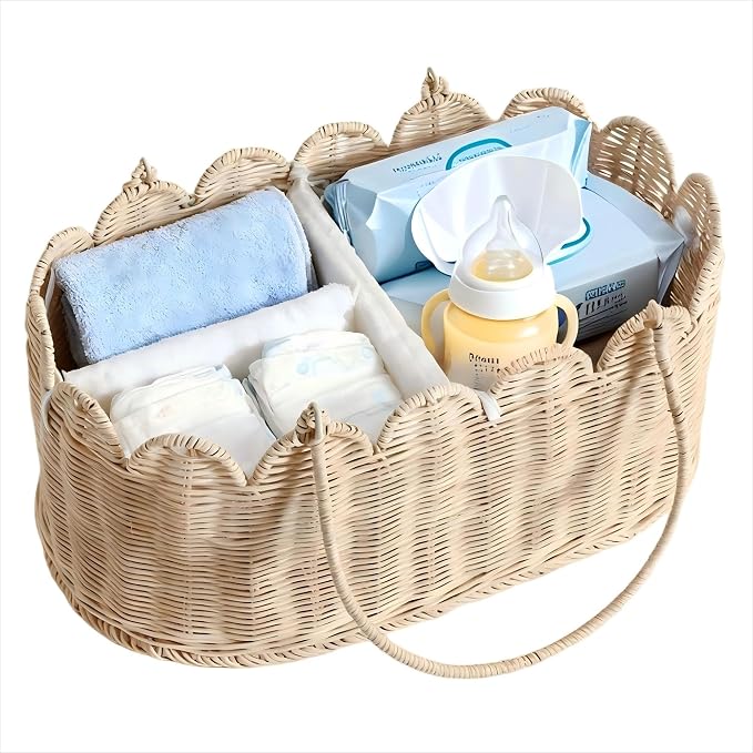 Premium Wicker Baby Diaper Caddy Organizer,Woven Scalloped Rattan Basket with Handle,Wicker Baby Carriage for Nursery (Scalloped Rattan Baby Diaper Caddy Organizer) by Unknown