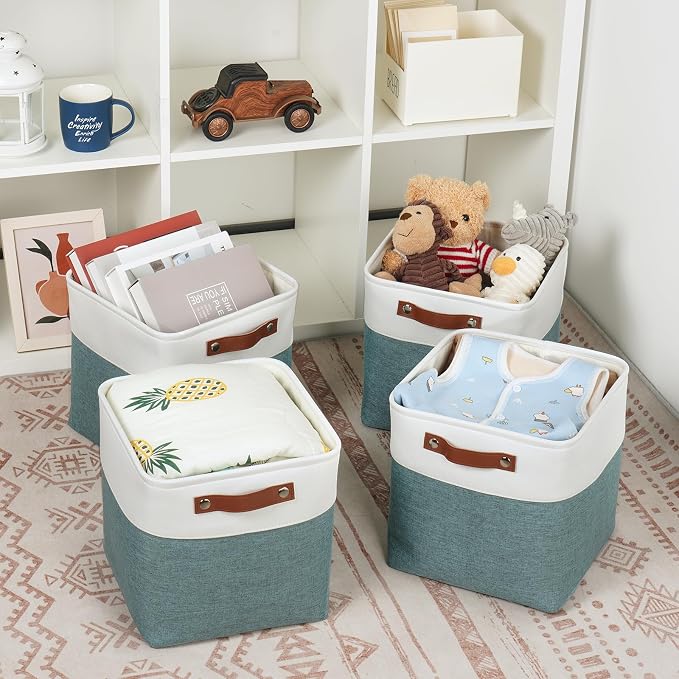 DULLEMELO 11x11 Cube Storage Bins for Organizer, Foldable Cube Storage Bins for Organizing Home Office Closet Shelves, Fabric Cube Baskets for Home Organization(4 Pack - White&Deep Green) - Image 4