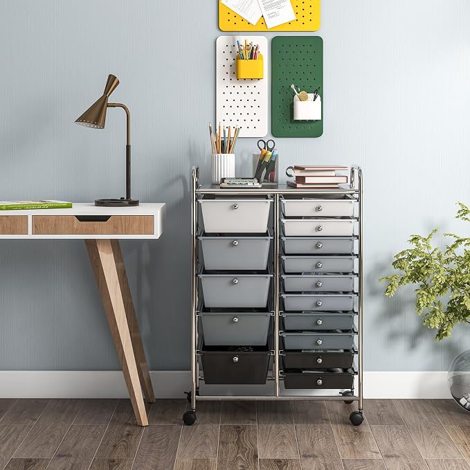 Moccha 15-Drawer Rolling Storage Cart - Under Desk Storage Drawers with wheels for Craft Art Supply Paper Salon, Scrapbook Paper Tools, Mobile Utility Cart for Classroom (15 Drawers, Gradient Grey) - Image 2