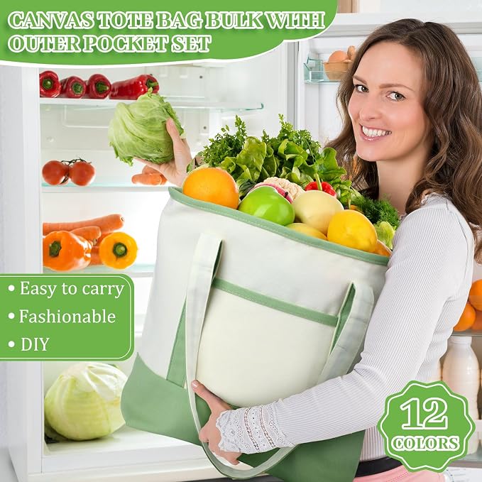 Sanwuta Canvas Tote Bags Bulk with Outer Pockets,Classic Color,12 Pack | Reusable Cotton Grocery Bags, Perfect for Teachers, Party Giveaways, DIY Crafts, Wedding Favors, Business Gifts - Image 5