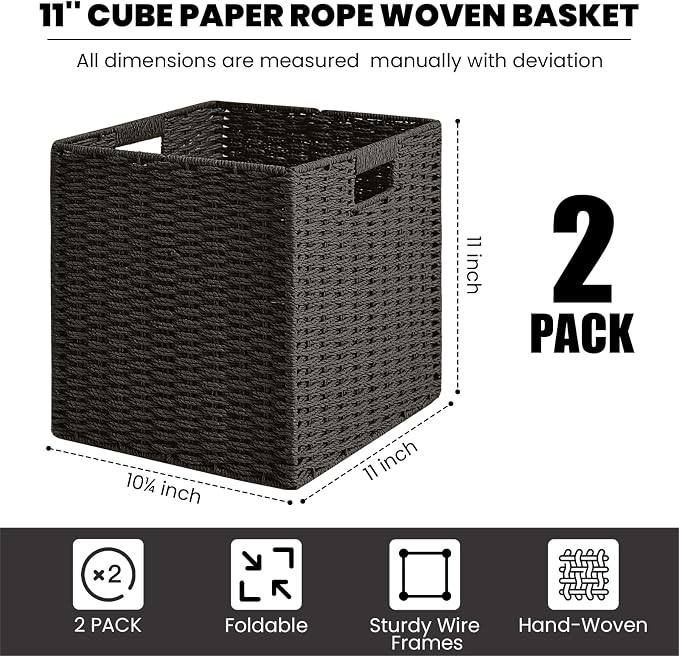 ICERZCZ Black Storage Bins, Wicker Storage Baskets for organizing, Paper Rope Woven Basket for Storage, 11 Inch Storage Cubes bin 11x11x11, 11"x10.25"x11", 2 Packs, Black - Image 3