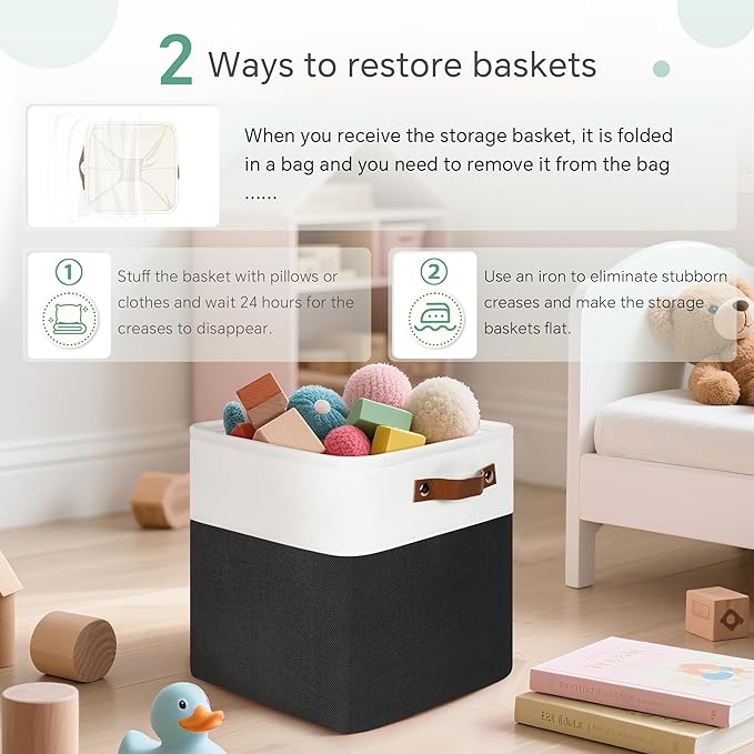 FinishingBo 11 inch Cube Storage Bin 6 Pack, Cube Organizer Bins | Fabric Storage Bins With Handles, 11x11 Storage Cubes, Shelf Basket, White/ Black - Image 6