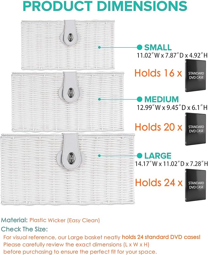 Set of 3 Woven Wicker Storage Basket Box with Lids & Lock, Built-in Carry Handles, Multifunctional Storage Organizer for Nursery, Baby, Clothes, Toys, Books, Large/Medium/Small Size (White) - Image 3