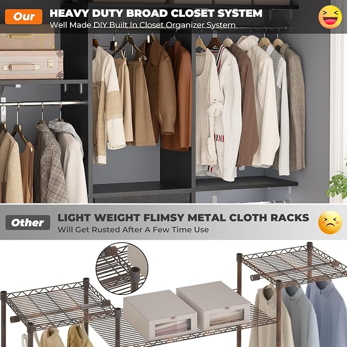 5FT Small Closet System with 3 Fabric Drawers, 60 Inches Walk In Closet Organizer System With 3 Adjustable Shelves, Heavy Duty Clothes Rack Built-In Garment Rack, 59" L x 16" W x 71" H, Black - Image 3