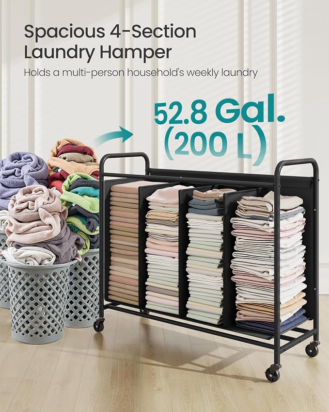 SONGMICS 4-Section Laundry Sorter, Laundry Hamper with Wheels, Rolling Clothes Hamper Cart with Large Capacity and Removable Bags, for Laundry Room, Bedroom, Bathroom, Ink Black URLS460B01 | Rolling Clothes Hamper Cart, Large Capacity, for Laundry Room... - Image 3