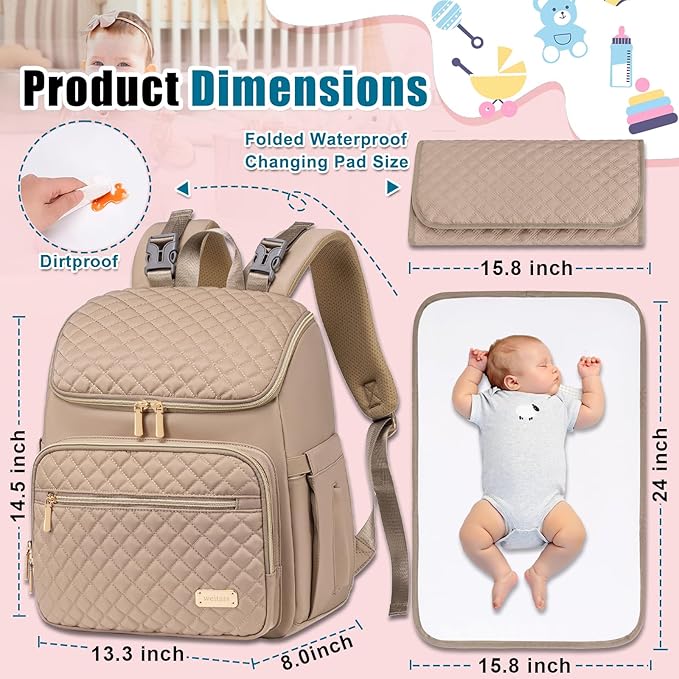 Diaper Bag Backpack Large Baby Diaper Bag with Changing Pad Travel Diaper Backpack,Baby Bag for Boys Girls,Stroller Straps,5 Insulated Pockets (Khaki) - Image 2
