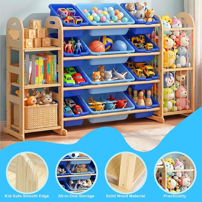 Kids Toy Storage Organizer, Toy Organizers and Storage with Stuffed Animal Storage, Toy Storage Shelf with 3 Shelves, 12 Storage Bins, Kids Bookshelf, Toy Holder for Playrooms, Bedrooms, Blue - Image 6