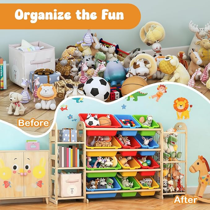 Kids Toy Storage Organizer, Toy Organizers and Storage with Stuffed Animal Storage, Toy Storage Shelf with 3 Shelves, 12 Storage Bins, Kids Bookshelf, Toy Holder for Playrooms, Bedrooms, Multi Color - Image 5