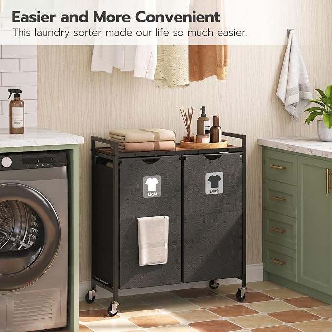 HOOBRO Laundry Hamper, Laundry Sorter 2 Section, 2 × 13 Gal (49.5L), Laundry Basket with Wheels, Rolling Cart, Pull-Out and Removable Oxford Fabric Bags, Rustic Brown and Black BF72XY01 - Image 4