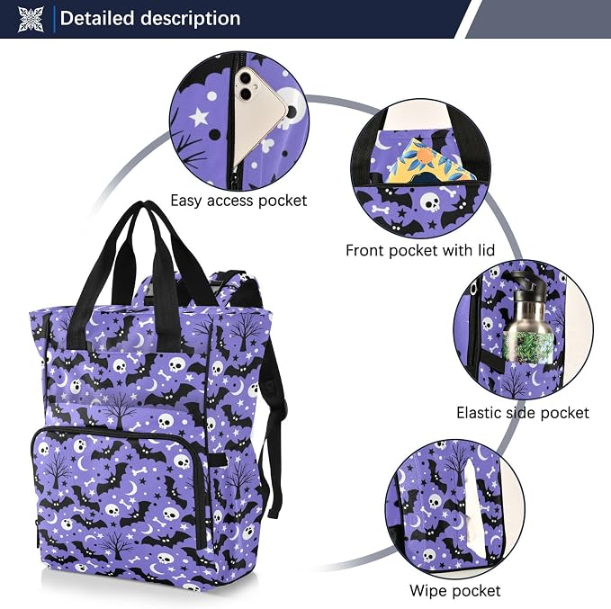Mnsruu Diaper Bag Bats Satellites Skulls and Trees Large Changing Backpack Multifunction Travel Tote Mommy Bag Baby Diaper Backpack for Mom Dad - Image 2