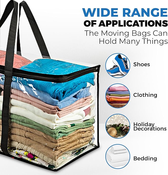 Clear Moving Bag (4-Pack) 25x14x12 - Zipper, Blankets, Breathable | Breathable Non-Woven Sides, Foldable, Comforters, Bedding, Clothes, Sweaters, College, Dorm, Packing - Image 3