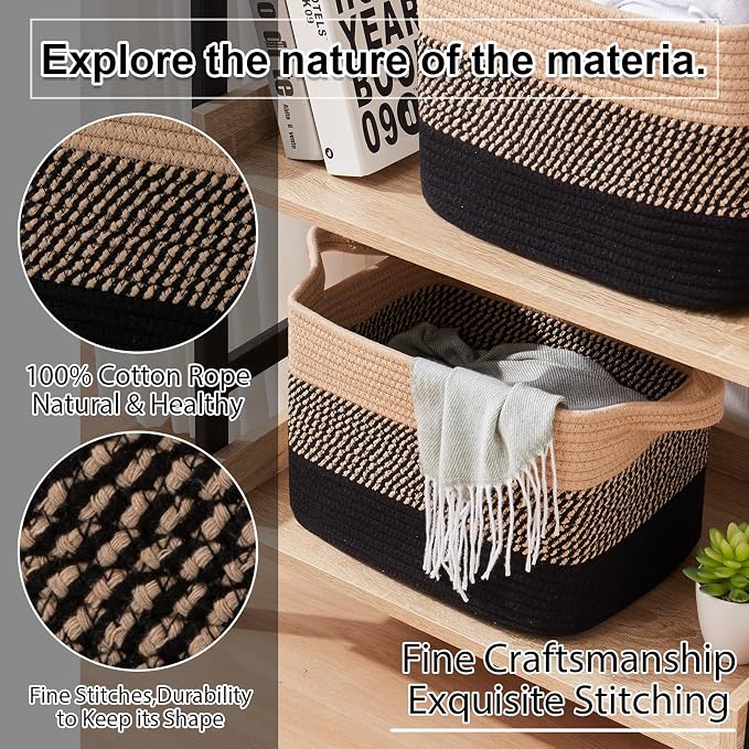 OIAHOMY Storage Basket, Woven Baskets for Storage, Cotton Rope Basket for toys,Towel Baskets for Bathroom - Pack of 3, Black & Brown - Image 8