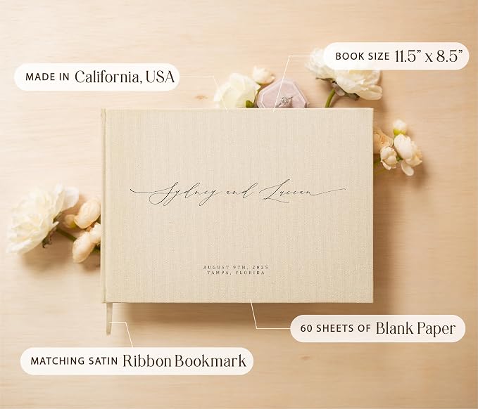 Personalized Guestbook in Cream - Premium Custom Modern Guest Book for Wedding Reception, Birthday Party or Events w/Bookmark Blank Pages for Signing, Extra Large 11.5 x 8.5 inches - Image 2