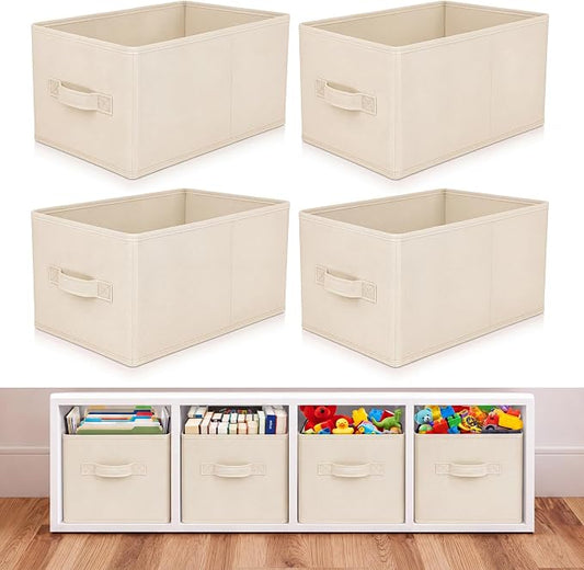 Yinder 4 Pcs Cube Storage Bin, Beige 14''x10''x8'' Storage Cubes | Kids Classroom Playroom Decor, Beige Bins, Foldable Baskets for Nursery Organizer Boxes Fabric Boxes by Yinder