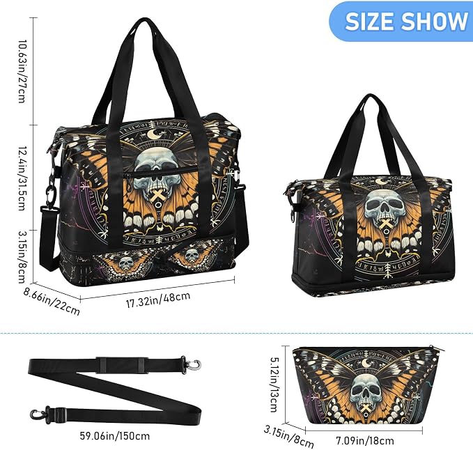 MNSRUU Travel Duffel Tote Bag Mysterious Skull Horoscope Black Gold Marble Stripe Sports with Wet Pocket Weekender Overnight for Women Men Gym Bag, Carry On Hospital Labor & Delivery - Image 2