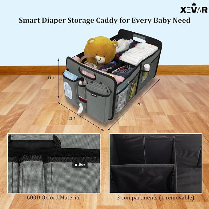 Baby Diaper Caddy Organizer with Changing Mat - Portable Car Caddy for Newborn Essentials, Diapers & Wipes, Perfect for Baby Shower and New Mom | Oxford Fabric, Grey - Image 2