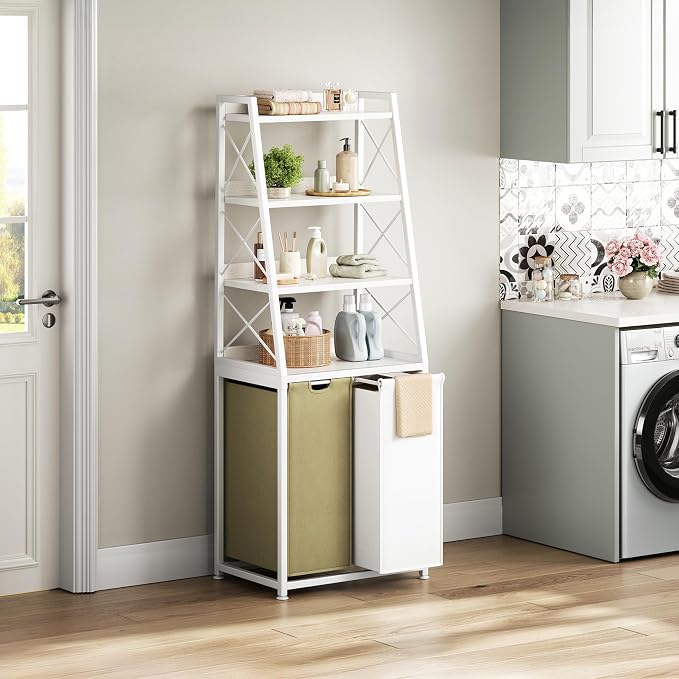 Herture Laundry Basket, 2 Section Laundry Hamper with 4 Tiers Shelf, Pull-Out and Removable Laundry Bags, Large 2 x 15.87 Gallons, for Bedroom Bathroom White PF11XLE - Image 2