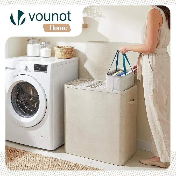 VOUNOT® 170L Laundry Basket with Lid, Rectangular 3 Compartment Laundry Hamper with Removable Bags & Handles, Foldable Laundry Bin for Bedroom, Bathroom, Utility Room, Beige - Image 5