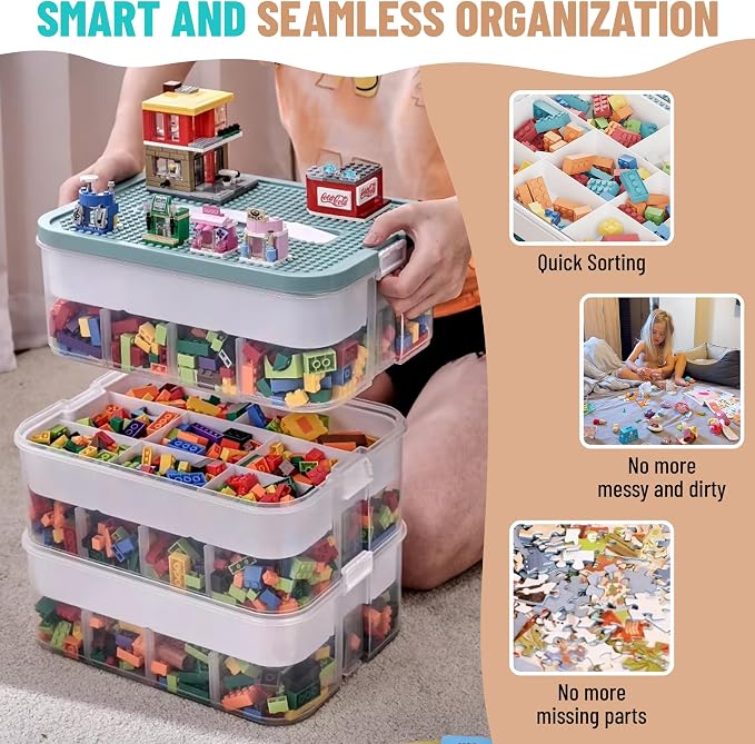 3-Tier Stackable Toy Storage with Building Block Lid & Bricks Organizer | Kids Toy Chest & Block Organizer Bin for Building Bricks, Plastic Storage Box & Toy Organizer for Playroom Organization - Image 4