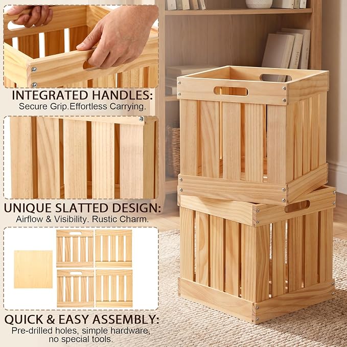 2 Pack Wood Crates Large Wooden Storage Cubes with Handles Rustic Handmade Baskets Farmhouse Decorative Cubes Boxes Containers Organizing Bins for Display Toy Clothes Book, 11 x 11 x 11 Inch - Image 3