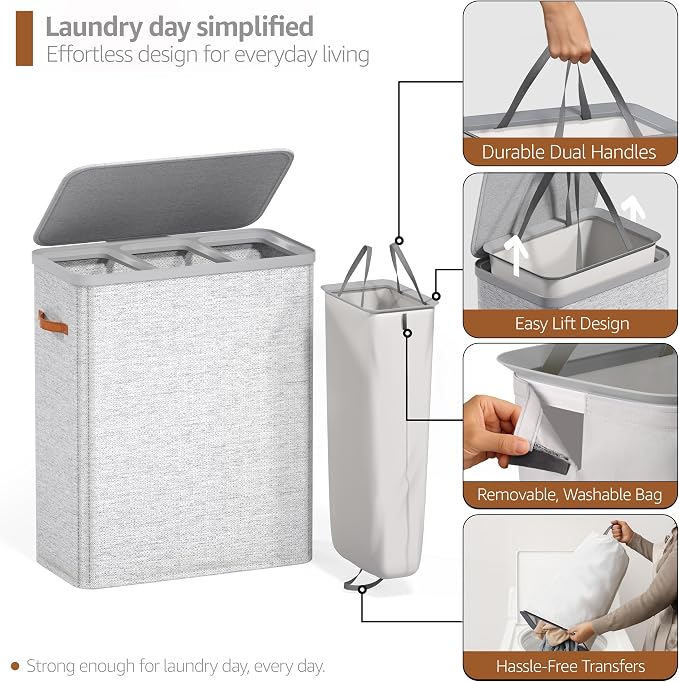 Sorbus Laundry Hamper with Lid - Collapsible 3-Compartment Fabric Laundry Basket with Handles and Removable Laundry Bag – 50 Gallon (190 L) Dirty Clothes Hamper for Bedroom, bathroom and dorm (Gray) - Image 5