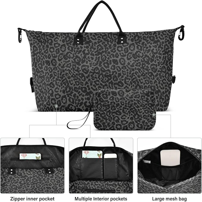 Large Travel Duffel Bag Sports Tote Gym Bag Overnight Weekender Bags Dark Gray Leopard Cheetah Print Carry On Luggage with Toiletry Bags - Image 2