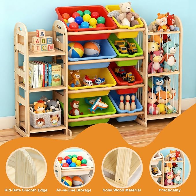 Toy Storage Organizer, Toy Organizers and Storage with Stuffed Animal Storage, Kids Toy Storage Shelf with 3 Shelves 8 Storage Bins, Kids Bookshelf, Toy Holder for Playrooms, Bedrooms, Multi Color - Image 6