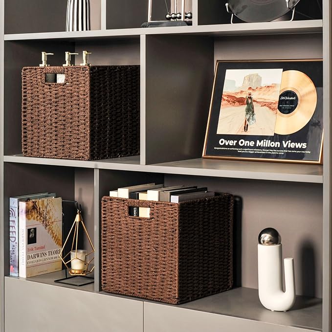 ICERZCZ Wicker Storage Baskets for Organizing Shelves, Paper Rope Woven Basket for Storage, Wicker Storage Cubes Bins, 11"x10.25"x11", 2 Packs, Brown - Image 2