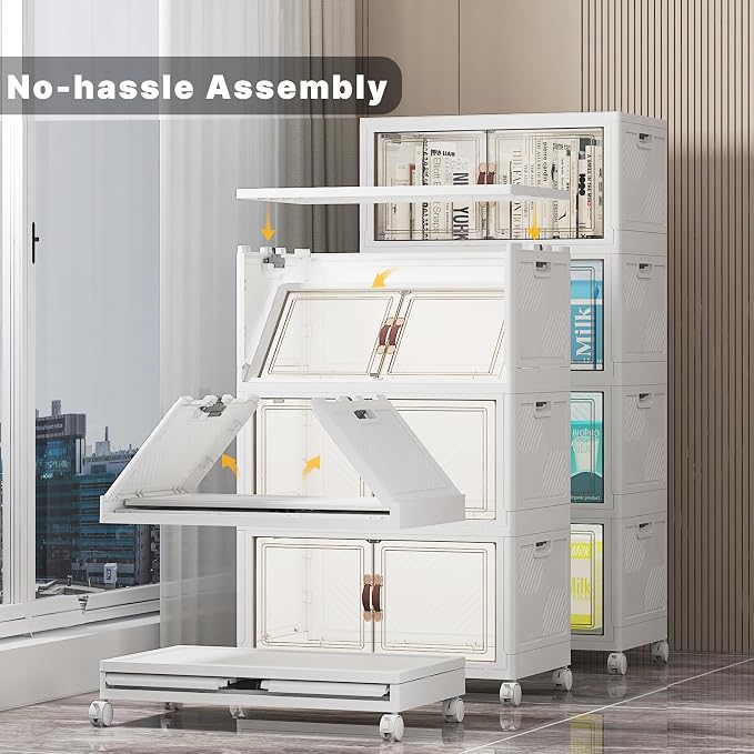 Stackable Storage Bins with Lid, 208QT Plastic Cabinet with Wheels | Large Capacity, Magnetic Door, Stack Lock, Rolling Wheels, Foldable Design, Organizers and Storage for Bedroom Dorm Garage - Image 3