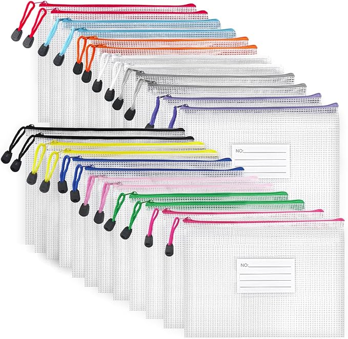 BOPART 24pcs Small Mesh Zipper Pouch Bags 9.3x6.9 Inches Plastic Zip File Bags A5 with Label Pocket for Home Office Supplies, Board Game Storage, Puzzle Bags for Organizing by BOPART-ENJOYYOURLIFEALWAYSBYYOURSIDE